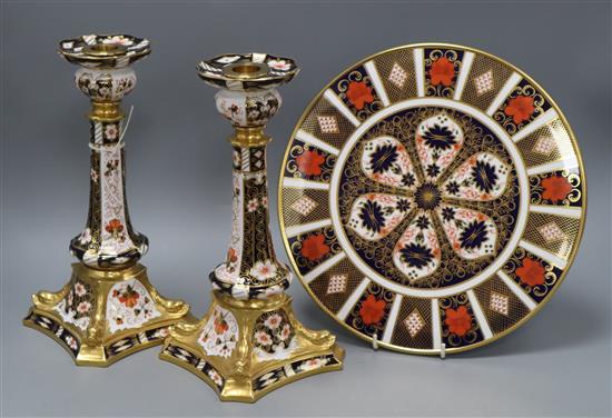 A pair of Royal Crown Derby candlesticks and a cake stand height 26cm